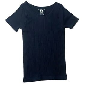 NWT Free People Black Ribbed Seamless Scoopneck Tee Basic Recycled Nylon XS